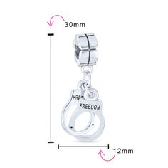 Our super sexy handcuff dangle charm lets you show your wild side. This sterling silver jewelry has a unique bail with interlocking dangling handcuffs that bear the word FREEDOM. This bead will work with your favorite charm bracelet and makes a saucy present for someone special. Lock this handcuff jewelry into your fav beads bracelet. Stainless Steel Dangle Jewelry With Charms, Trendy Nickel-free Silver Charms, Stainless Steel Dangling Charms Jewelry, Novelty Dangle Charms Jewelry, Novelty Dangle Jewelry With Charms, Novelty Jewelry With Dangling Charms, Novelty Metal Jewelry With Charms, Adjustable Dangle Charms Nickel Free, Adjustable Nickel-free Metal Charms