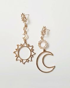 Trendy 14k Gold Filled Dangle Jewelry, Elegant Silver Jewelry With Sun And Moon Design, Elegant Silver Sun And Moon Design Jewelry, Everyday Sterling Silver Pierced Jewelry, Adjustable Crescent Jewelry, Symbolic Nickel-free Crescent Jewelry, Symbolic Metal Jewelry With Matching Earrings, Minimalist 14k Gold Filled Pierced Jewelry, Trendy Rose Gold Drop Earrings