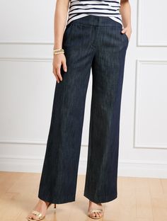 Perfect for your polished looks. Our sophisticated wide leg pants in soft, refined denim. Expertly tailored for a modern, ultra-flattering fit. Detailed with a high waist, angled slip pockets and welt pockets at the back. Pair with our Refined Denim Modern Blazer for a beautifully relaxed and perfectly put-together look. features Flat Front/Trouser Hits High Waist Full Length Fly front with button closure Front Angled slip, Back welt pockets Imported Fit: Misses 31 1/2"; Petite: 29"; Plus: 31 1/ Elegant Wide Leg Pants, Slate Blue Pants Outfit, High Waisted Trousers Outfit Casual, Womens Trousers Outfits, Denim Trousers Outfit, Pants For Petite Women, Dressy Jeans Outfit, Trousers Outfit Casual, Middle Aged Women Fashion