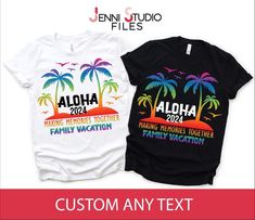 two t - shirts with the names and numbers for each family vacation