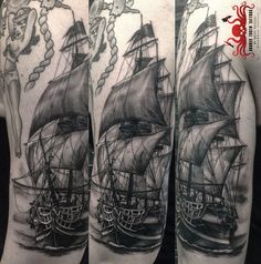 a black and white photo of a ship with sails on it's side arm