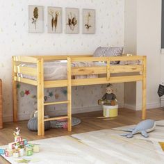 a child's bedroom with a bunk bed and toys