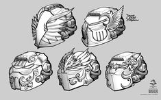 four different types of helmet designs for the character's face and head, including one with