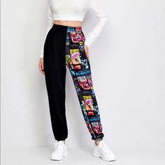 Nwot Shein Newspaper Print Jogger Pants. Color Is Black And Multicolored. Size Large. Pants Feature Half Colorful Newspaper Print, High-Rise Waist, And Elasticized Trim. Never Been Worn. Black Stretch Bottoms With Graphic Print, Fitted Black Bottoms With Graphic Print, Black Graphic Print Bottoms, High Waist Black Pants With Graphic Print, Black High-waisted Pants With Graphic Print, High Waist Black Bottoms With Graphic Print, High-waisted Black Bottoms With Graphic Print, Black High-waist Bottoms With Graphic Print, Large Pants