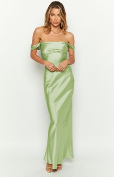 Sage Bridesmaid Dress Green Straight Neckline Dress For Prom, Formal Off-shoulder Maxi Dress For Prom Season, Green Maxi Dress For Gala And Prom Season, Green Prom Dress With Straight Neckline, Off-shoulder Satin Maxi Dress For Formal Occasions, Off-shoulder Satin Maxi Dress For Prom, Fitted Floor-length Off Shoulder Dress For Spring, Off-shoulder Maxi Dress For Prom Evening, Silk Sage Green Prom Dress