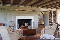 a living room filled with furniture and a dog laying on top of a rug in front of a fire place