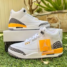 Nike Air Jordan 3 Retro White Orange Shoes Brand New Factory Laced Original Box Size: Women's 5.5 (4y) Women's 6 (4.5y) Women's 6.5 (5y) Check Out With Big Kids’s Size 100% Authentic Ship Within 24 Hours Final Sale White Custom Sneakers With Branded Insole, White Jordan Shoes With Branded Insole, White Custom Sneakers With Branded Heel Counter, White Low-top Basketball Shoes With Branded Heel Counter, Jordan Retro 11 Low, Nike Air Jordan 3, Jordan Retro 12, Nike Air Jordan 6, Jordans Girls