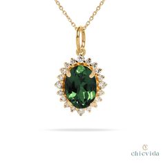 This stunning Green Tourmaline Cluster Pendant features a vibrant green stone surrounded by a sparkling diamond halo, set in luxurious 18k gold. Handcrafted with care, this trendy oval pendant makes a perfect wedding necklace or a beautiful gift for her, adding a touch of elegance and color to any occasion. Green Tourmaline Cluster Pendant, 18k Gold Wedding Necklace, Green Stone Handmade Pendant, Diamond Halo, Trendy Oval Pendant, Gift For Her  ★ ★ CUSTOM/DUTY-FREE SHIPPING WORLDWIDE, BUYERS DON Oval Emerald Necklaces For Wedding, Green Oval Necklace For Wedding, Classic May Birthstone Necklaces For Wedding, Oval Emerald Gemstone Necklace For Weddings, Elegant Necklaces With Accent Stones For Wedding, Elegant Wedding Necklaces With Accent Stones, Elegant Wedding Necklace With Accent Stones, Oval Stone Necklaces For Wedding, Round Wedding Necklaces With Accent Stones