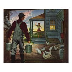 a painting of a man with buckets and chickens