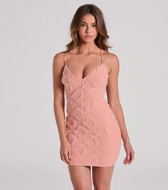 Create a romantic look in this mini dress perfect for bridal showers to graduations! The sleeveless dress features a V-neckline, sleek bungee spaghetti straps that create the open strappy back design, a bodycon fit, and is composed of a textured lace-lined fabric. Complete the look in strappy heels.Fit & FeaturesSleeveless V-necklineBungee spaghetti strapsOpen strappy back designBodycon silhouetteMini-length hemLined textured lace, moderate stretchRuns true to size V-neck Mini Dress With Adjustable Straps For Date Night, Feminine V-neck Mini Dress For Prom, Flirty Dress With Sweetheart Neckline And Crisscross Straps, V-neck Mini Dress With Delicate Straps For Party, Summer Bridesmaid V-neck Mini Dress, V-neck Mini Dress With Straps For Date Night, Chic V-neck Mini Dress With Delicate Straps, Flirty Mini Dress With Spaghetti Straps For Date Night, Flirty Spaghetti Strap Mini Dress For Date Night