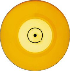 a yellow frisbee with a black circle in the center on a white background