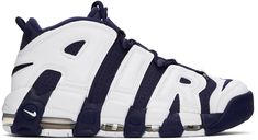 High-top lightweight grained leather and faux-leather sneakers in white and navy. · Perforated detailing throughout · Swoosh embroidered at toe and tongue · Lace-up closure · Elasticized straps at vamp · Pull-loop at tongue and heel tab · Padded tongue and collar · Logo appliqué at sides · Text embroidered at heel tab · Swoosh appliqué at heel counter · Max Air unit at foam rubber midsole · Treaded rubber sole Please note that this item may be shipped only within North America. Supplier color: W Uptempo Nike White, Nike Air Uptempo White, Nike Air More Uptempo Black White, Nike Air Uptempo Shoes Blue, Nike Air More Uptempo Black Red, White Nikes, Sneakers White, Leather Sneakers, Apparel Accessories