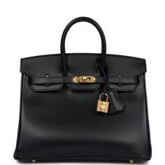 This Birkin is in Black box calf leather with gold hardware and has tonal stitching, front flap, two straps with center toggle closure, clochette with lock and two keys, and double rolled handles.The interior is lined with black chevre and has a zip pocket with an Hermes engraved zipper pull and an open pocket on the opposite side.Collection: UOrigin: FranceCondition: New and never worn (plastic on hardware) Accompanied by: Hermes box, Hermes dustbag, felt, clochette, lock, two keys, clochette d Black Hermes Bag, Birken Bag Hermes, Black Birkin, Black Birkin Bag, Birken Bag, Expensive Bag, Hermes Birkin 25, Hermes Box, Handbag Wallet