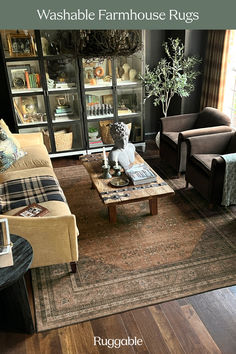 a living room filled with furniture and a rug on the floor next to a window