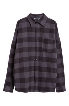 Francesco Ragazzi draws inspiration from traditional Americana aesthetics with this soft cotton-flannel overshirt boasting classic buffalo checks and an outsized logo emblazoning the back yoke. Front snap closure Spread collar Long sleeves with snap cuffs Chest patch pocket 100% cotton Dry clean Made in Italy Designer Clothing Oversized Cotton Long Sleeve Flannel Shirt, Oversized Flannel Collared Shirt, Relaxed Fit Flannel Shirt For Work, Relaxed Fit Flannel Tops For Work, Long Sleeve Flannel Shirt For Work, Flannel Long Sleeve Work Shirt, Classic Logo, Palm Angels, Cotton Flannel