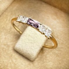 18K Solid Gold Amethyst Princess Ring, Diamond Baguette Gold Ring, Minimalist Amethyst Ring, Amethyst Promise Ring, Unique Wedding Band  ★100% Satisfaction Guarantee ❤ ★Material: Solid Real Gold (not gold filled or gold plated) ★Gold Setting : 8K-333, 14K-585 or 18K-750 ★Diamond Cut : Princess Cut  ★Number of Stones: 4 pieces (1.50 x 1.50 mm - 2 pieces / 2.00 x 2.00 mm - 2 pieces) ★Diamond Carat : 0.14 ctw ★Baguette Cut Stone: 4.00 x 2.00 mm - 1 piece (Amethyst Baguette Created in the Laboratory) ★Band Width : 1.20mm ★Natural Diamond Color and Clarity: F-SI 💎 ★ Diamond Color and Clarity F Color VS2 Clarity 💎 ★ Anti Allergic ★ Shipping with Product Certificate. ★ Free Express Shipping 🌎 ★Possibility of return within 2 weeks after delivery. Product Details💎 ■Made to Order. ■Gold: 14K Sol Unique Wedding Band, Diamond Baguette, Princess Ring, Unique Wedding Bands, Ring Minimalist, Diamond Carat, Special Jewelry, Baguette Cut, Ring Unique