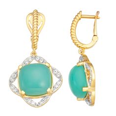 These beautiful chalcedony earrings are adorned with white topaz accents for a stunning accessory. These beautiful chalcedony earrings are adorned with white topaz accents for a stunning accessory.  Metal: sterling silver Backings: post Plating: 14k gold, rhodium Finish: polished Length: 20.60 mmSTONE DETAILS Stone type: green chalcedony, white topaz Total weight: 12 3/4 ct. Center stone size: 12 mm x 12 mm Shape: round Setting: prong Gemstones may have been treated to enhance their appearance. Elegant Chalcedony Jewelry With Gemstone Accents, Elegant Chalcedony Drop Earrings, Chalcedony Earrings, Green Chalcedony, White Topaz, Jewelry Earrings Dangle, Topaz, Jewelry Watches, Dangle Earrings