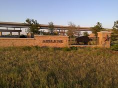 an animal is standing in the grass near a sign that reads, abilene