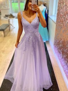 Silhouette: A Line Waist: Natural Sleeve Length:?Sleeveless Fabric: Tulle, Lace Shown Color: Lilac Built-In Bra: Yes Formal Dresses Lavender, Prom Dresses Lilac, Lilac Formal Dress, Lace Formal Dresses, Prom Dresses Purple, Dresses Lilac, Two Piece Prom Dresses, Dresses Lavender, Prom Dresses 2022