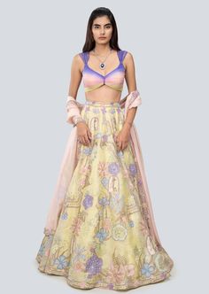 Canary yellow satin organza lehenga with lurex appliqued and heavy embellished with organza pleats ombre blouse and lurex dupatta. Lavender Lehenga, Organza Lehenga, Yellow Satin, Canary Yellow, Indian Outfits, Lehenga, Satin, Yellow