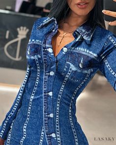 Lasaky - Chic Denim-Inspired Bodycon Dress with Print Design Denim Looks, Denim Wear, Chic Type, Denim Chic, Printed Bodycon Dress, Party Dress Long, Long Sleeve Romper, Outfits Aesthetic, Above Knee