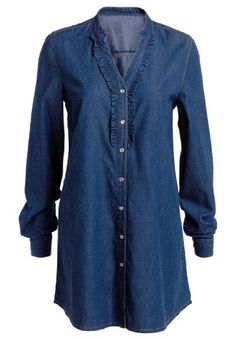 This denim tunic has Y-neck with pretty ruffles, bust darts, pintucks, and Mandarin collar. long sleeves with adjustable snap cuffs front placket with pearlized snaps 30" long ultraosft, enzyme-washed woven cotton denim Women’s plus size tee and plus size tunic in sizes M(14W-16W), L(18W-20W), 1X(22W-24W), 2X(26W-28W), 3X(30W-32W), 4X(34W-36W), 5X(38W-40W) Dress Wardrobe, Denim Tunic, Plus Size Tunic, Plus Size Tees, Hijab Styles, Clothes Casual, Wardrobe Closet, Fashion Plus Size