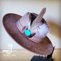 Boho Western hat with genuine leather hat band feathers and turquoise Bohemian Felt Hat For Kentucky Derby Rodeo, Bohemian Felt Hat For Kentucky Derby, Bohemian Felt Hat For Kentucky Derby And Western Events, Bohemian Felt Hat With Flat Crown For Ranch, Bohemian Wide Brim Felt Hat For Ranch, Bohemian Adjustable Felt Hat For Kentucky Derby, Adjustable Bohemian Felt Hat For Kentucky Derby, Bohemian Hats With Curved Brim For Ranch, Bohemian Adjustable Hat For Kentucky Derby