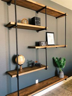 some shelves with books and other items on them