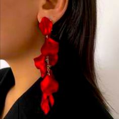 Red Rose Petal Drop Earrings Rose Red Flower Shaped Earrings For Party, Rose Red Dangle Earrings For Party, Elegant Red Earrings For Party, Red Flower-shaped Evening Jewelry, Red Flower Jewelry For Evening, Rose Red Drop Earrings For Party, Elegant Rose Red Earrings For Party, Red Earrings For Valentine's Evening, Red Valentine's Day Earrings For Evening