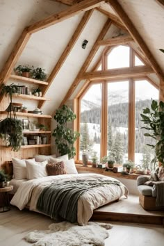 a bedroom with a large window and lots of plants on the shelves next to the bed