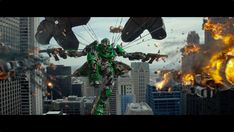 a scene from the movie pacific rim with an image of a giant robot flying over a city