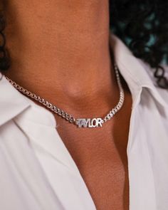 (1) Block Mini Name Necklace with Cuban Chain – stellaandjules.com Carrie Necklace, Silver Cuban Chain, Heartbeat Necklace, Share Your Story, Nameplate Necklace, Figaro Chain, Name Bracelet, Cuban Link Chain, Cuban Chain