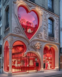 the facade of a store with red and white decorations