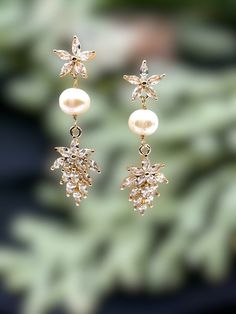 the earrings are adorned with pearls and diamonds, along with a flower - shaped brooch