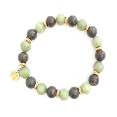 Green and brown beads with gold spacer accents Earthy Beaded Bracelets With Round Beads, Earthy Beaded Bracelets For Everyday, Earthy Brown Beaded Bracelets With Round Beads, Brown Beaded Bracelets With Gold Beads As Gift, Gift Brown Beaded Bracelets With Gold Beads, Spiritual Brown Beaded Bracelets For Everyday, Everyday Brown Jewelry With Large Beads, Brown Beaded Stretch Bracelet With Round Beads, Earthy Brown Beaded Bracelets With Large Beads