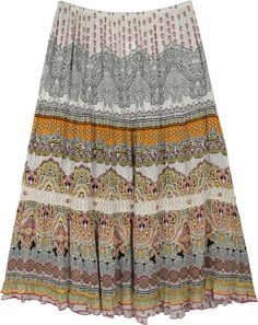 Amour Jaipur XL Long Skirt with Lace and Rhinestones | White | XL-Plus, Tiered-Skirt, Maxi-Skirt, Printed, Bohemian Bohemian Tiered Maxi Skirt For Summer, Summer Bohemian Tiered Maxi Skirt, Flowy Boho Print Tiered Maxi Skirt, Bohemian Relaxed Rayon Skirt, Bohemian Patterned Skirt For Beach, Bohemian Rayon Skirt For Festival, Bohemian Rayon Lined Skirt, Bohemian Tiered Skirt In Rayon, Bohemian Rayon Tiered Skirt