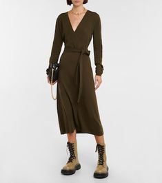 Wool and cashmere wrap dress in green - Jardin Des Orangers | Mytheresa Luxury Chic Daywear Wrap Dress, Luxury Fall Wrap Dress, Elegant Fall Midi Length Wrap Dress, Chic Cashmere Dress For Fall, Elegant Cashmere Dresses For Fall, Elegant Winter Midi Dress In Viscose, Fall Wrap Dresses For Daywear, Wrap Dress For Fall Daywear, Wrap Dresses For Daywear In Fall