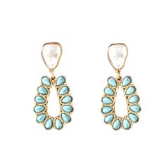 Style number 3054333 Gold western drop earrings Accented turquoise stones Teardrop shape Post style 60% Zinc, 40% Acrylic Turquoise Statement Earrings, Stone Drop Earrings, Turquoise Wedding, Wrist Candy, Bride Earrings, Clothes Closet, Turquoise Stones, Dresses To Wear To A Wedding, Turquoise Stone