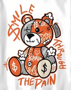 an orange and white teddy bear with money on it's chest, in front of a white background