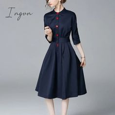 Ingvn - Elegant Single - Breasted Shirt Dress Women Fashion Long - Sleeved Button Office Ladies Casual Button-up Business Dress, Long Sleeve Midi Dress With Buttons For Semi-formal Occasions, Non-stretch Buttoned Midi Dress, Non-stretch Midi Dress With Buttons, Long Sleeve Solid Color Office Dress, Long Sleeve Office Lady Dress With Button Closure, Long Sleeve Formal Shirt Dress For Spring, Long Sleeve Shirt Dress For Business, Formal Long Sleeve Shirt Dress For Spring