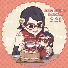 a woman holding a doll next to a birthday cake with the words happy birthday sarada on it