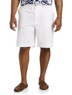 An updated version of our best-selling chino shorts, now available in your choice of two inseam lengths. Crafted in soft cotton twill, these loose-fit shorts feature a touch of spandex for ease and range of motion. The waist-relaxer waistband stretches up to four inches to provide a proper fit. Side and back pockets help secure your valuables so you can relax in easy-to-wear style. Plus, they're a style you'll only find here at DXL in proper proportions and a flattering fit for Big and Tall guys Classic White Cotton Bermuda Shorts, White Relaxed Fit Cotton Bermuda Shorts, White Bermuda Cotton Bottoms, White Cotton Bermuda Shorts, Classic Relaxed Fit Bermuda Shorts In Solid Color, Casual Cotton Bottoms For Big And Tall, Big And Tall Cotton Shorts, Big And Tall Summer Shorts, Oak Hill