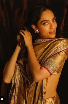 Manish Malhotra Collection, Nude Colour Lipstick, Sobhita Dhulipala, Engagement Saree, Golden Saree, Telugu Wedding, Tissue Saree, Indian Saree Blouses Designs