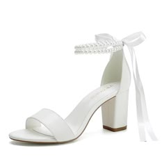 a women's white high heeled sandal with pearls on the ankle strap