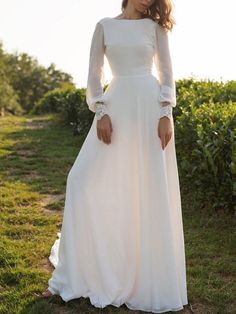 Simple Wedding Dress Lycra Spandex Bateau Neck Long Sleeves Lace A Line Bridal Gowns Long Beach Wedding Dresses, Long Sleeve Wedding Dress Boho, Lycra Dress, Wedding Dress A Line, A Line Bridal Gowns, Beach Bridal Gown, Open Back Wedding Dress, Chiffon Wedding Dress, Back Wedding Dress