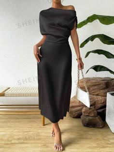 SHEIN Privé Solid Color Asymmetric Neckline With Drawstring Waist Dress | SHEIN USA Dress Night Party Elegant Simple, Formal Attire Women Classy The Dress, Dress Classy Evening, Elegant Informal Dresses, Glam Dresses Casual, Long Formal Dress Classy, Formal Dresses For Women Events, Elegant Dresses For Women Gala, Party Dresses For Women Formal