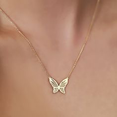 "Meet our elegant 14K Gold Butterfly Necklace, a dazzling piece that effortlessly combines elegance and nature-inspired beauty. This gold butterfly necklace is crafted with precision and attention to detail, making it the perfect accessory for those who value both style and sophistication. PRODUCT ∙ FEATURES: * Material: 14K solid gold provides lasting quality and shine. * Stunning Gold Options: Choose from Yellow gold for a classic touch, Rose gold for a hint of romance, or White gold for timel Delicate White Gold Butterfly Jewelry, Delicate Butterfly White Gold Jewelry, Elegant Butterfly Charm Pendant Necklace, Delicate Yellow Gold Butterfly Pendant Necklace, Elegant 14k Gold Butterfly Jewelry, Luxury Yellow Gold Butterfly Necklace, Elegant Yellow Gold Butterfly Jewelry, Elegant Butterfly Necklace With Delicate Sterling Silver Chain, Elegant Sterling Silver Butterfly Necklace With Delicate Chain