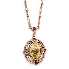 Rose-tone Lt. & Dk. Purple Crystal & Floral Decal 28 Necklace. Stone Type_1:Crystal|Stone Color_1:Purple|Length of Item:28 in|Chain Length:28 in|Chain Type:Fancy|Chain Width:32 mm|Charm/Element Length:48 mm|Charm/Element Width:30 mm|Clasp /Connector:Lobster (Fancy)|Width of Item:32 mm|Product Type:Jewelry|Jewelry Type:Necklaces|Necklace Type:Necklace with Pendants Size: Length: 28 inch - Width: 32 mm.  Color: Metal Type.  Gender: unisex.  Age Group: kids. Dark Purple Crystal, Necklace Fancy, Crystal Purple, 1928 Jewelry, Floral Decal, Rose Tone, Purple Crystal, Crystal Rose, Floral Necklace