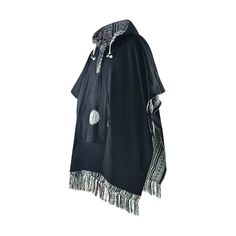 Reversible hooded poncho

Introducing the Arriba Black reversible poncho from virblatt, the perfect addition to any boho-inspired wardrobe. Featuring a striking black and white pattern on one side and solid black on the other, this versatile poncho is perfect for both men and women.

Designed with the bohemian aesthetic in mind, this poncho features mandala embroidery, fringes, and a hood, making it perfect for any boho outfit. The reversible design adds some much-needed versatility to your ward Casual Black Poncho For Festival, Black Oversized Outerwear For Festivals, Black Bohemian Outerwear For Outdoor, Traditional Black Cape For Festival, Black Shawl Outerwear For Festival, Black Cape For Fall Festivals, Black Fall Festival Cape, Black Shawl Poncho For The Beach, Bohemian Black Cape For Festival