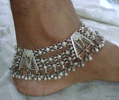 "vintage Antique tribal old silver ANKLET feet bracelet pair from Rajasthan India. Worn by tribal people of Rajasthan India. good flexible, worn from years of use. Great piece for tribal style belly dance or ethnic jewellery collector. Note - If you combine both anklet you can use as a choker necklace. Length - 25.5 cm (10\") we can adjust the length. width include bells - 4.3 cm(1.7\") weight of pair - 210.5 grams material - Silver & original old worn pair." Feet Bracelet, Foot Bracelet, Silver Anklet, Ankle Chain, Silver Jewelry Earrings, Silver Anklets, Rajasthan India, Jewellery Inspiration, Fall Clothes